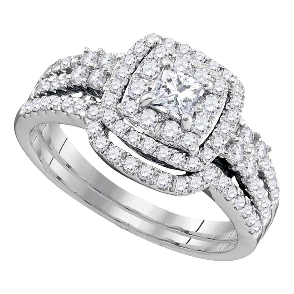 14k White Gold Princess Diamond Halo Bridal Wedding Ring Set 1 Cttw