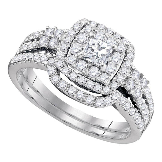 14k White Gold Princess Diamond Halo Bridal Wedding Ring Set 1 Cttw