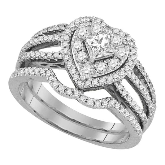 14k White Gold Princess Diamond Heart Bridal Wedding Ring Set 7/8 Cttw
