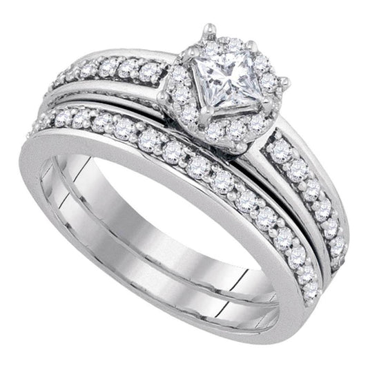 14k White Gold Princess Diamond Solitaire Wedding Bridal Ring Set 3/4 Cttw