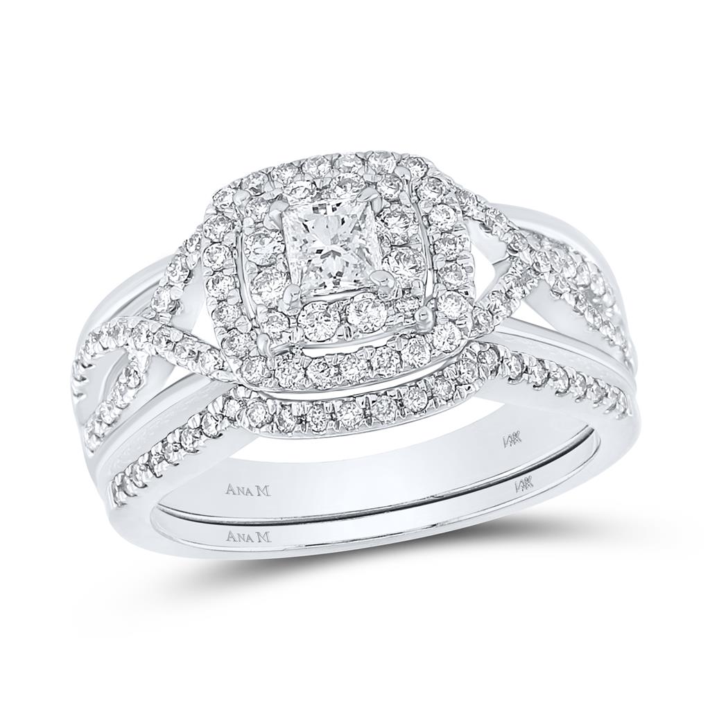 14k White Gold Princess Diamond Bridal Wedding Ring Set 7/8 Cttw (Certified)