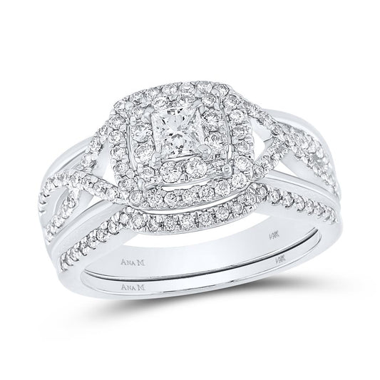 14k White Gold Princess Diamond Bridal Wedding Ring Set 7/8 Cttw (Certified)
