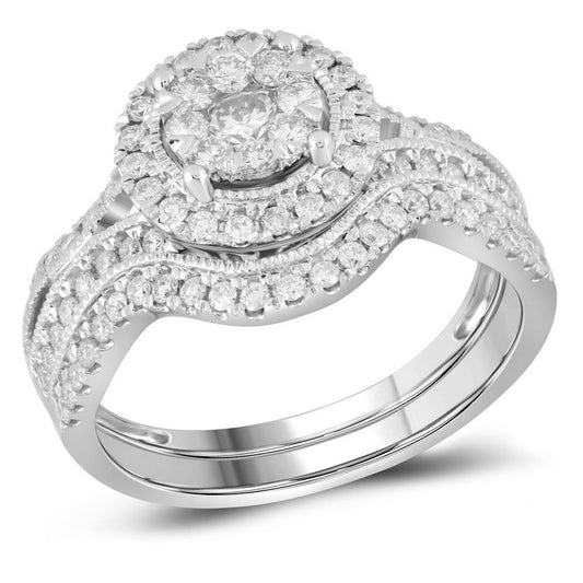 14k White Gold Round Diamond Bridal Wedding Ring Set 7/8 Cttw