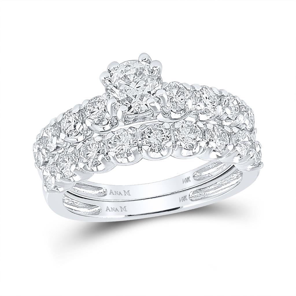 14k White Gold Round Diamond Bridal Wedding Ring Set 2-1/5 Cttw