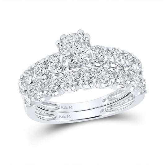 14k White Gold Round Diamond Bridal Wedding Ring Set 2-1/5 Cttw