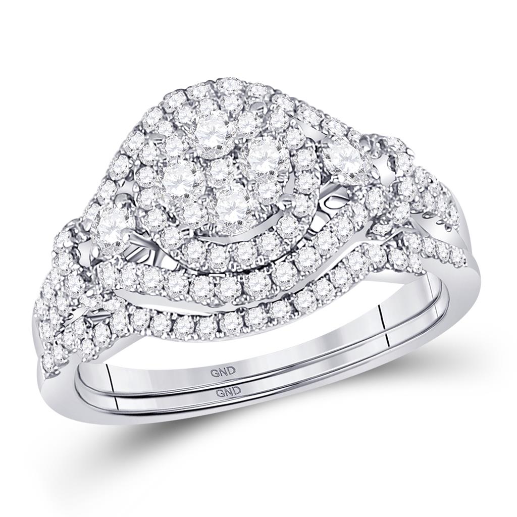 14k White Gold Round Diamond Cluster Bridal Wedding Ring Set 1 Cttw