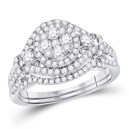 14k White Gold Round Diamond Cluster Bridal Wedding Ring Set 1 Cttw