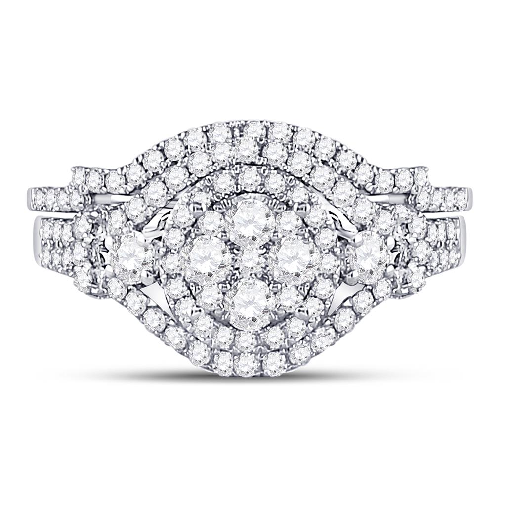 14k White Gold Round Diamond Cluster Bridal Wedding Ring Set 1 Cttw
