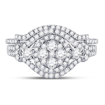 14k White Gold Round Diamond Cluster Bridal Wedding Ring Set 1 Cttw