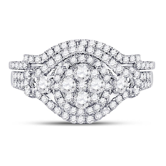 14k White Gold Round Diamond Cluster Bridal Wedding Ring Set 1 Cttw