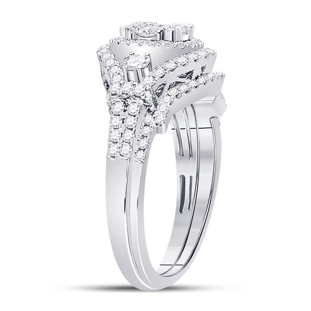 14k White Gold Round Diamond Cluster Bridal Wedding Ring Set 1 Cttw