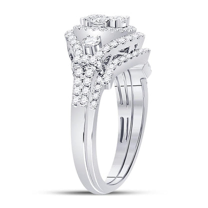 14k White Gold Round Diamond Cluster Bridal Wedding Ring Set 1 Cttw