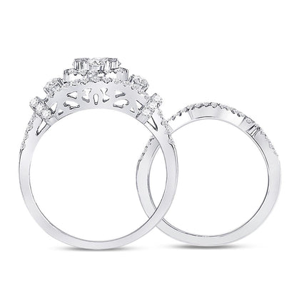 14k White Gold Round Diamond Cluster Bridal Wedding Ring Set 1 Cttw