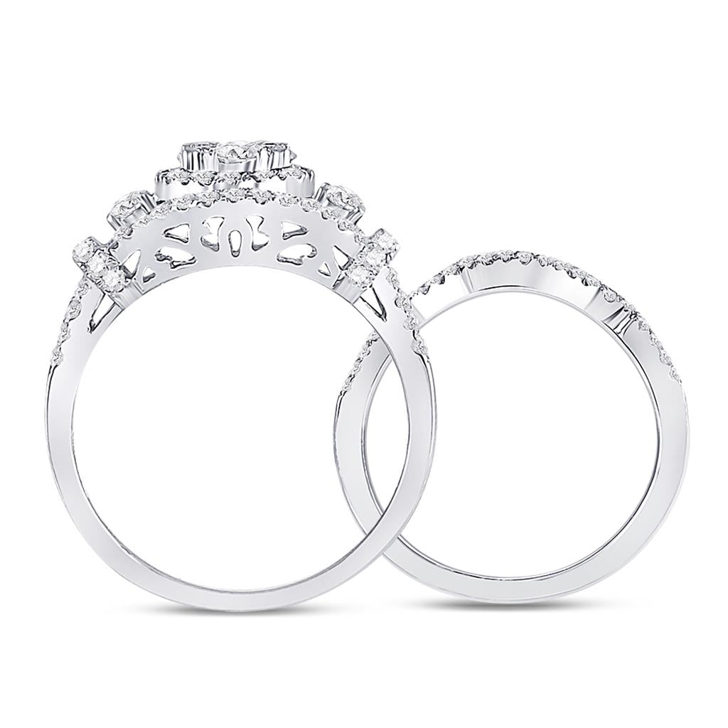 14k White Gold Round Diamond Cluster Bridal Wedding Ring Set 1 Cttw