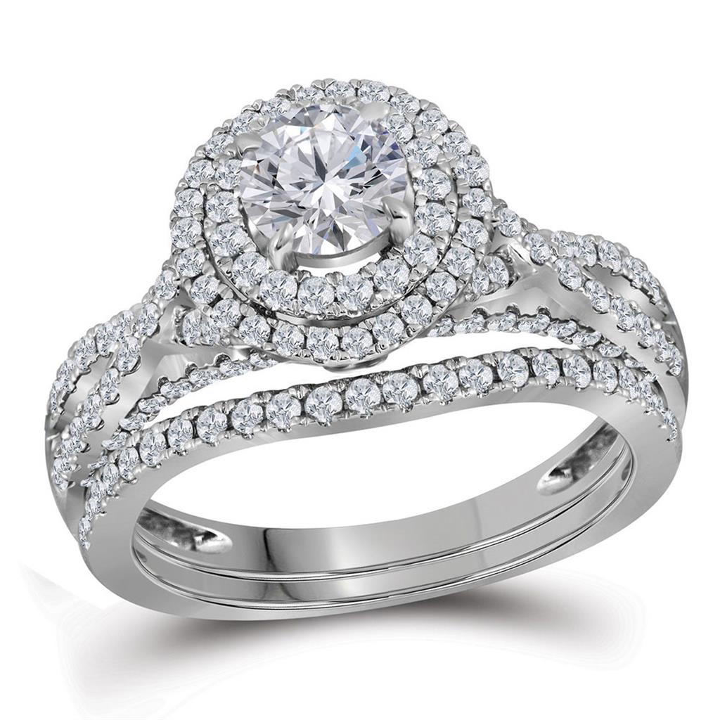 14k White Gold Round Diamond Double Halo Bridal Wedding Ring Set 1-3/4 Cttw (Certified)