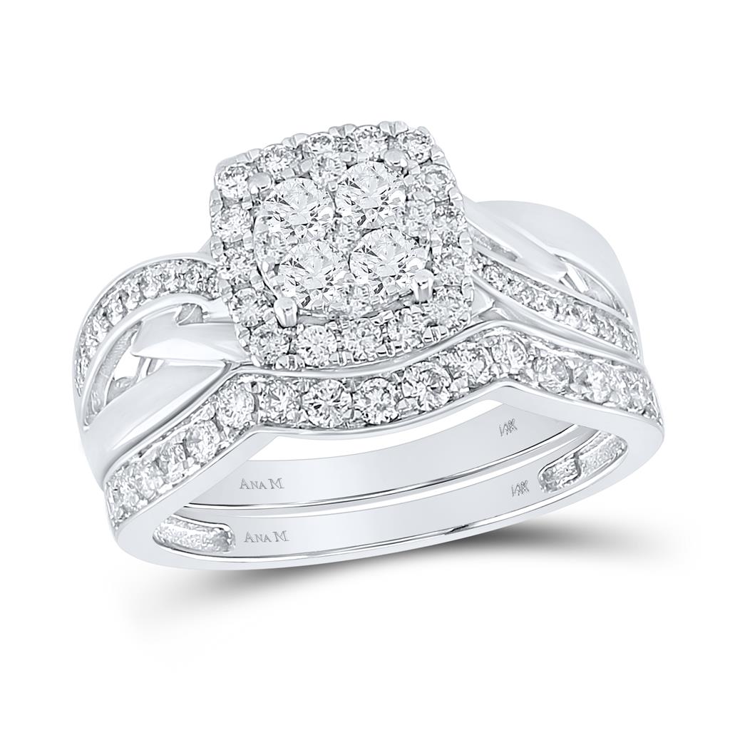 14k White Gold Round Diamond Cluster Bridal Wedding Ring Set 1 Cttw