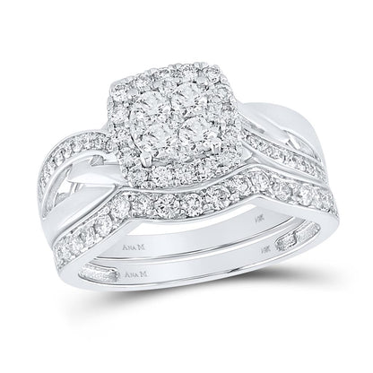 14k White Gold Round Diamond Cluster Bridal Wedding Ring Set 1 Cttw