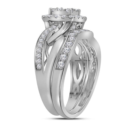 14k White Gold Round Diamond Cluster Bridal Wedding Ring Set 1 Cttw