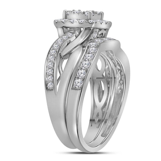 14k White Gold Round Diamond Cluster Bridal Wedding Ring Set 1 Cttw