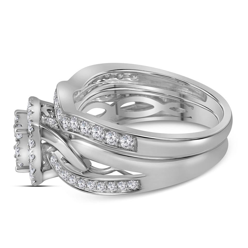 14k White Gold Round Diamond Cluster Bridal Wedding Ring Set 1 Cttw