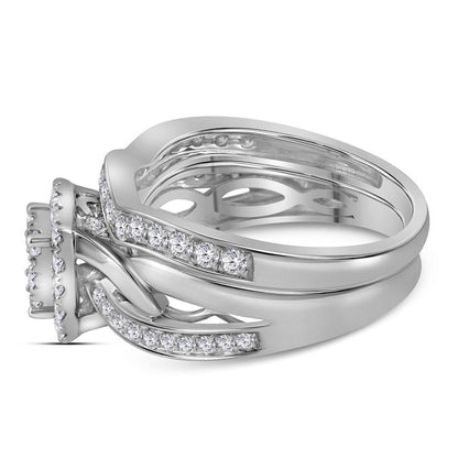 14k White Gold Round Diamond Cluster Bridal Wedding Ring Set 1 Cttw
