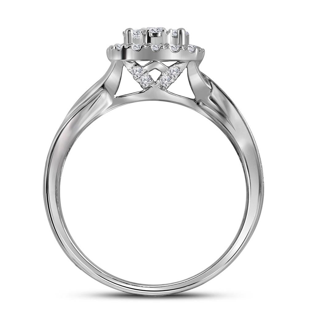 14k White Gold Round Diamond Cluster Bridal Wedding Ring Set 1 Cttw
