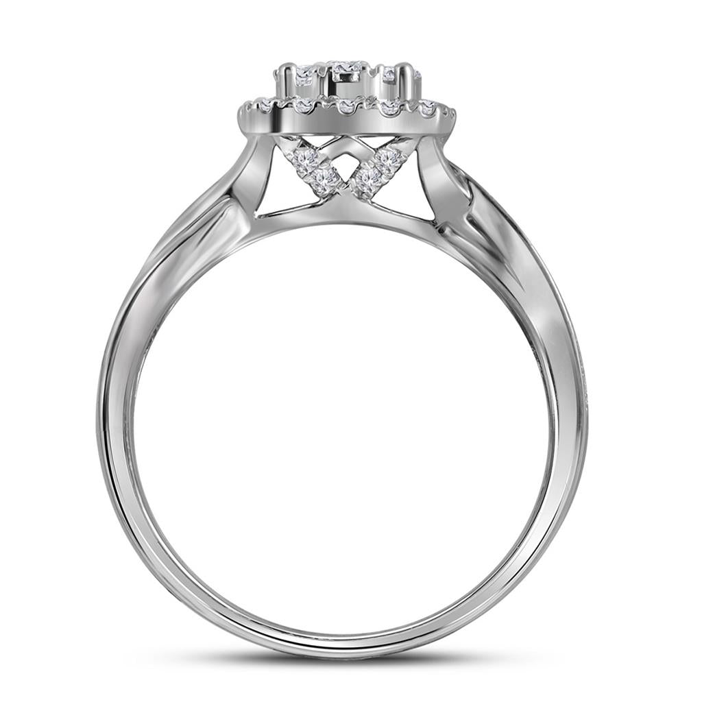 14k White Gold Round Diamond Cluster Bridal Wedding Ring Set 1 Cttw