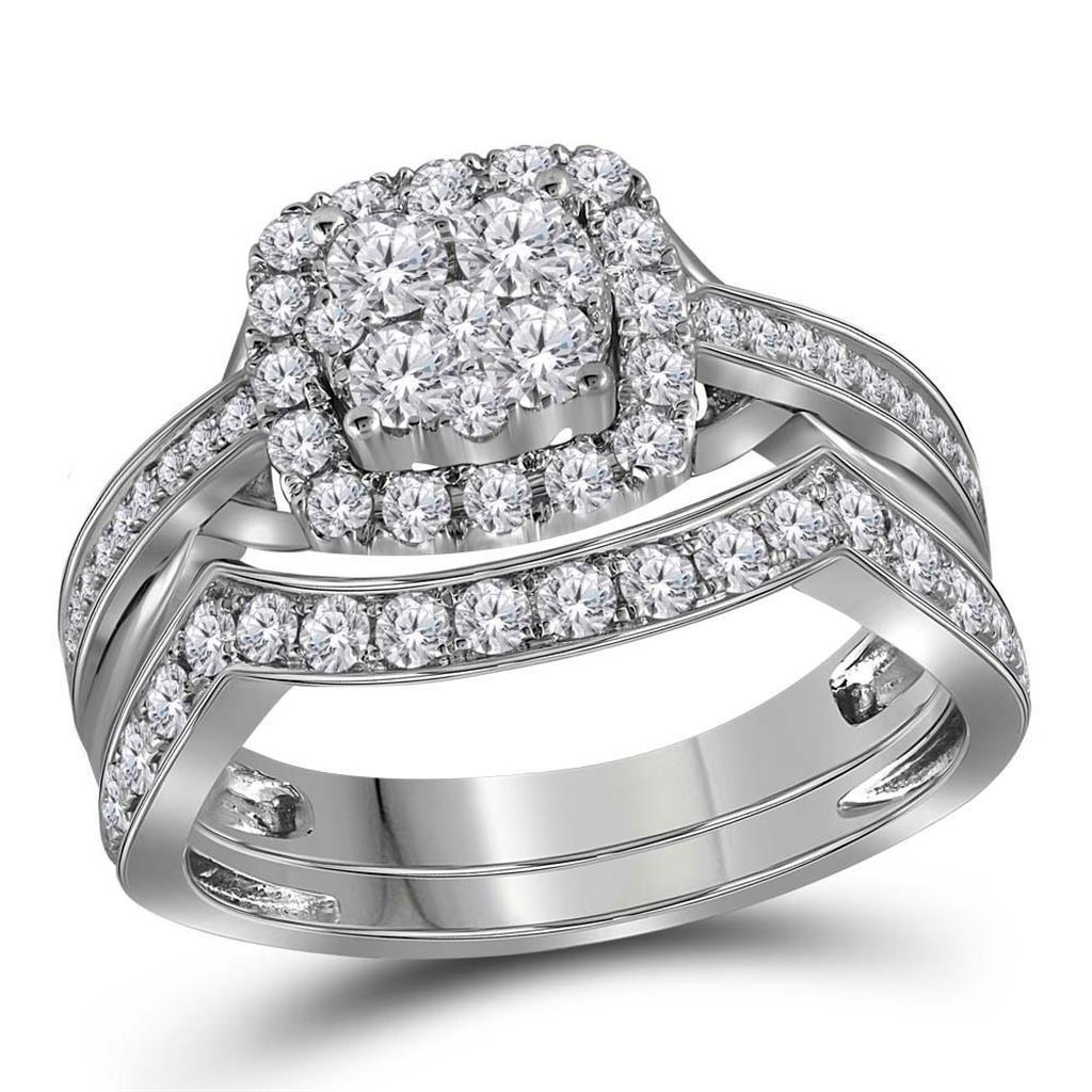 14k White Gold Round Diamond Cluster Bridal Wedding Ring Set 1 Cttw