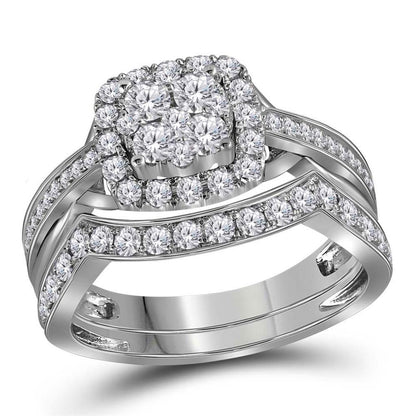 14k White Gold Round Diamond Cluster Bridal Wedding Ring Set 1 Cttw
