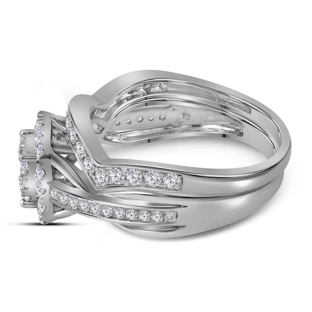 14k White Gold Round Diamond Cluster Bridal Wedding Ring Set 1 Cttw