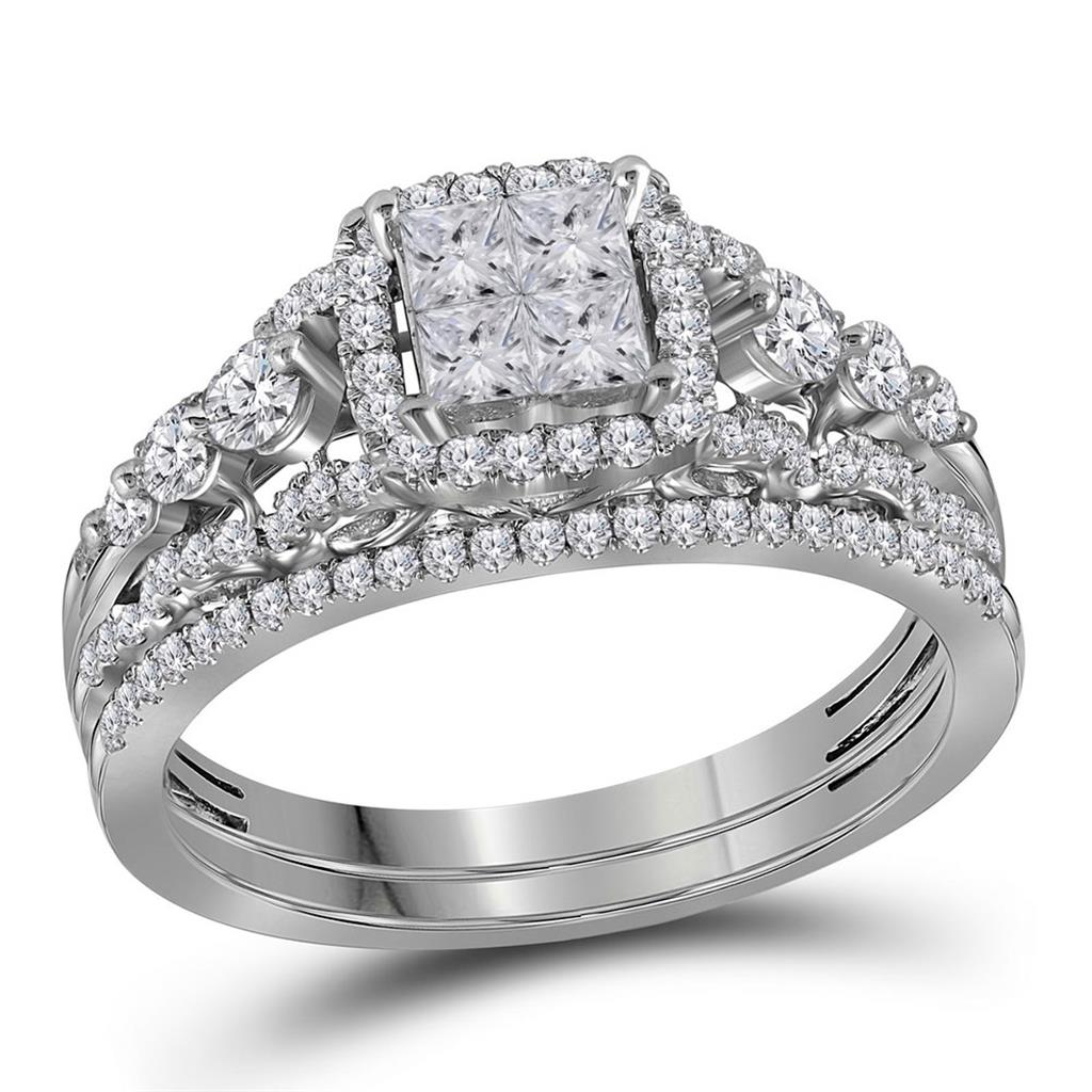 14k White Gold Princess Diamond Cluster Bridal Wedding Ring Set 1 Cttw