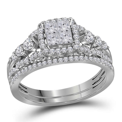 14k White Gold Princess Diamond Cluster Bridal Wedding Ring Set 1 Cttw