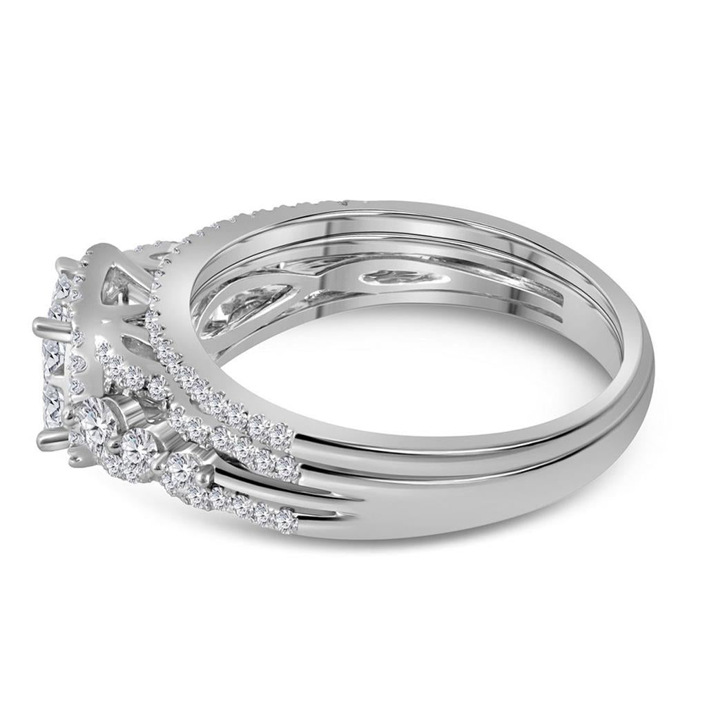 14k White Gold Princess Diamond Cluster Bridal Wedding Ring Set 1 Cttw