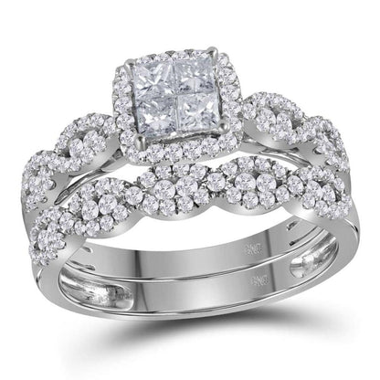 14k White Gold Princess Diamond Halo Bridal Wedding Ring Set 1 Cttw
