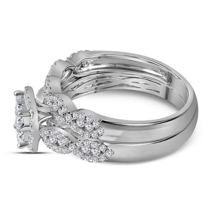 14k White Gold Princess Diamond Halo Bridal Wedding Ring Set 1 Cttw