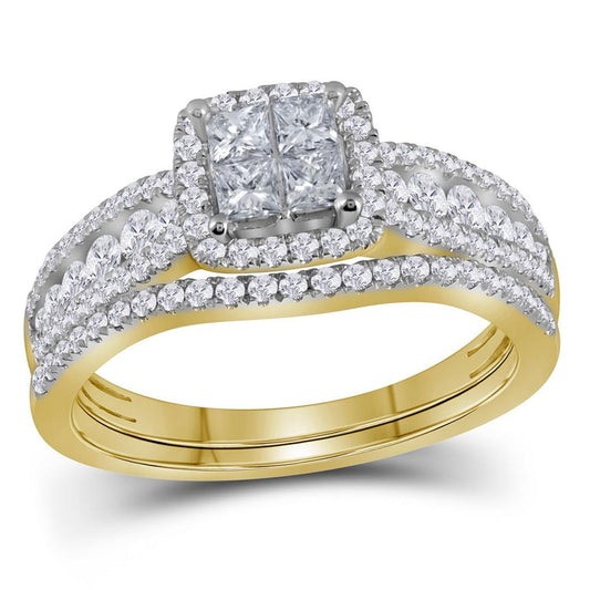 14k Yellow Gold Princess Diamond Halo Bridal Wedding Ring Set 1 Cttw