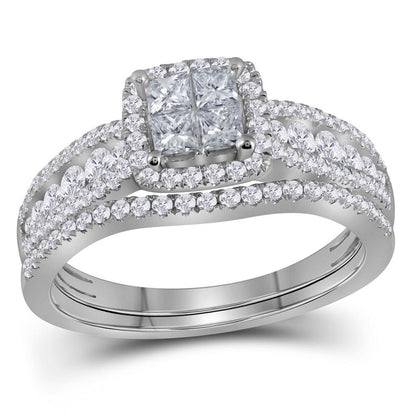 14k White Gold Princess Diamond Halo Bridal Wedding Ring Set 1 Cttw