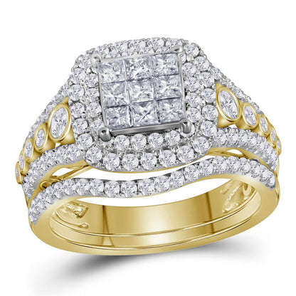 14k Yellow Gold Princess Diamond Bridal Wedding Ring Set 1-1/2 Cttw