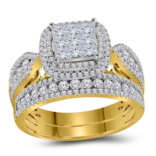 14k Yellow Gold Princess Diamond Bridal Wedding Ring Set 1-1/2 Cttw
