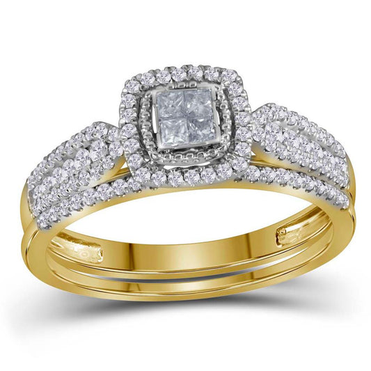 14k Yellow Gold Princess Diamond Halo Bridal Wedding Ring Set 1/2 Cttw