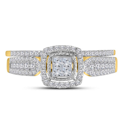 14k Yellow Gold Princess Diamond Halo Bridal Wedding Ring Set 1/2 Cttw