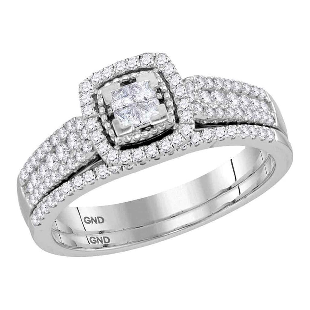 14k White Gold Princess Diamond Halo Bridal Wedding Ring Set 1/2 Cttw
