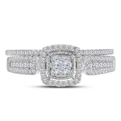 14k White Gold Princess Diamond Halo Bridal Wedding Ring Set 1/2 Cttw
