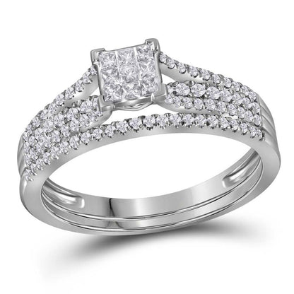 14k White Gold Princess Diamond Bridal Wedding Ring Set 1/2 Cttw