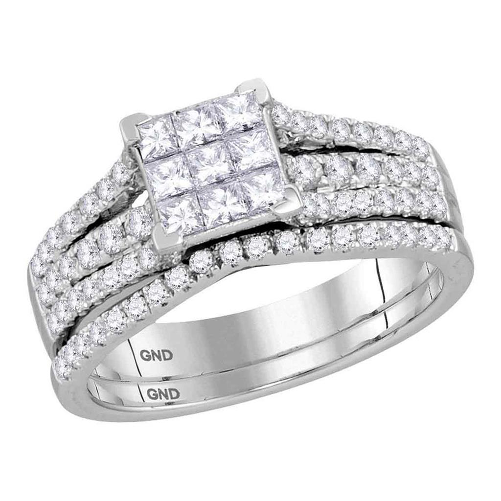 14k White Gold Princess Diamond Cluster Bridal Wedding Ring Set 1 Cttw