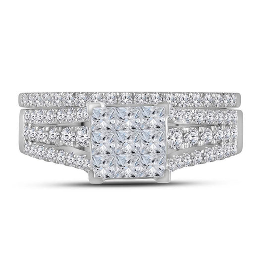 14k White Gold Princess Diamond Cluster Bridal Wedding Ring Set 1 Cttw