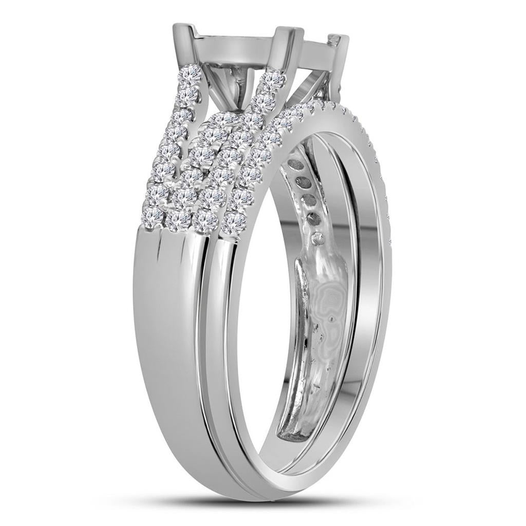 14k White Gold Princess Diamond Cluster Bridal Wedding Ring Set 1 Cttw