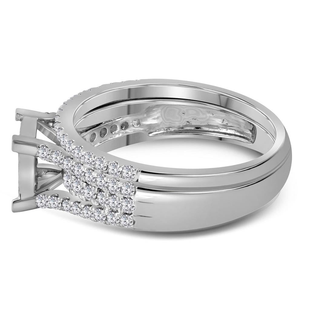 14k White Gold Princess Diamond Cluster Bridal Wedding Ring Set 1 Cttw