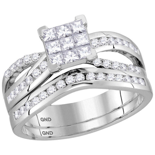 14k White Gold Princess Diamond Bridal Wedding Ring Set 1 Cttw