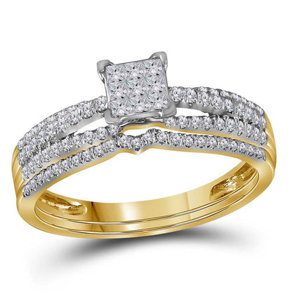 14k Yellow Gold Princess Diamond Cluster Bridal Wedding Ring Set 1/2 Cttw